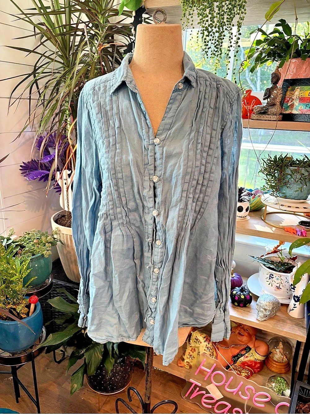 Free People We The Free Laurel Linen Button Down Top Blue Large